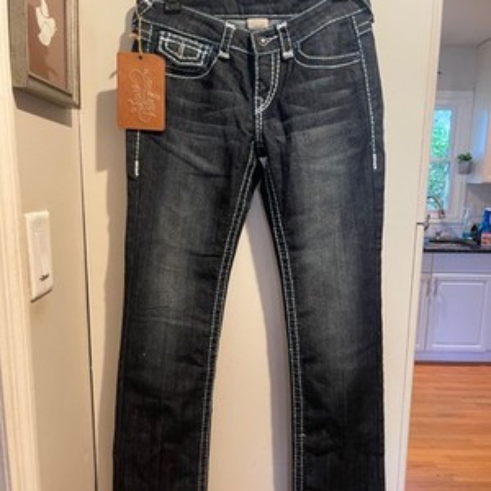 True Religion Joey Super T Dark Blue Jeans Sz 29 Rainbow Stitch Rhinestone  NWT